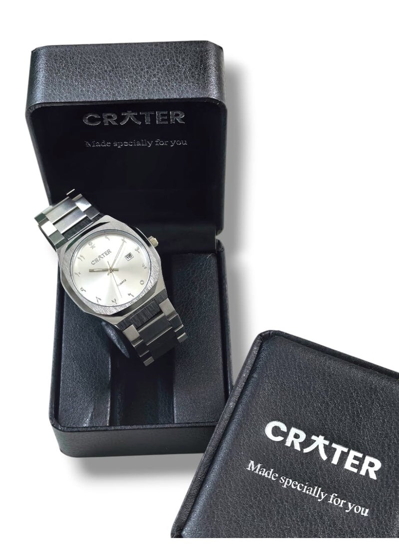 كريتر  ساعة كريتر (CRATER) للرجال – تصميم ملكي فاخر من الستانلس ستيل، مينا كلاسيكي مع عرض التاريخ، مقاومة للماء – تشمل علبة الماركة (فضي/فضي). - Image 2